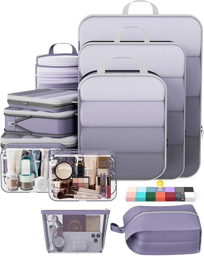 Veken 11 Set Compression Packing Cubes Garment Bags for Travel Essentials,Compressible Expandable Luggage Organizer Bags for Clothing,Space Saver Bags with Over 1000 pcs of Mesh Holes(Purple Gray) by Veken