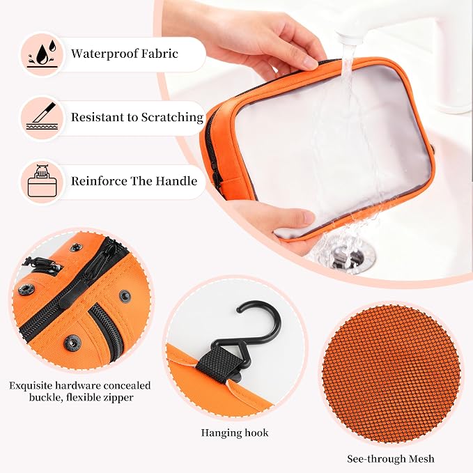 Toncoke Travel Toiletry Bag Set, Hanging Toiletry Bag Premium Faux Leather, Toiletry Bag for Women & Men, Travel Essentials Makeup Bag Water-resistant, Faux Leather Orange - Image 6