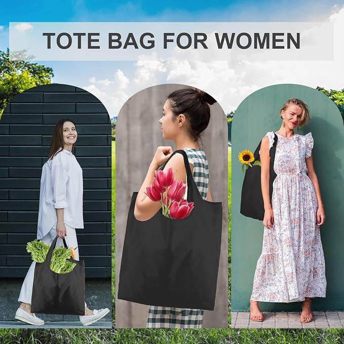 BeeGreen Black Tote Bag Shopping Bags for Groceries & Reusable Grocery Bag Heavy Duty, Large Tote Bag for Women, Foldable 6 Pack Gift Bags With Handles, Cute Cloth Washable for Holiday Travel & Bulk - Image 4