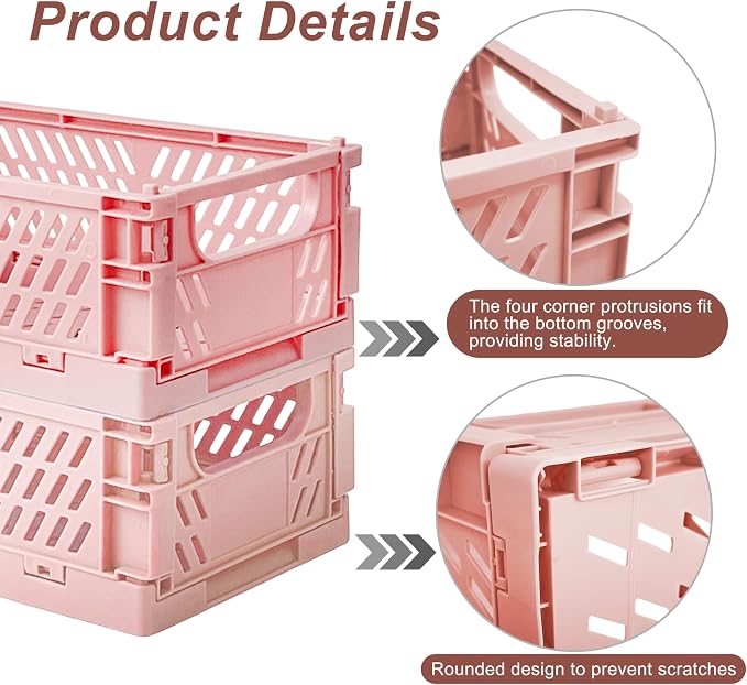 2 Pack Mini Foldable Small Plastic Baskets for Organizing and Storage，Collapsible Storage Crates,Mini Bins for Home Kitchen Bedroom Bathroom Office (Pink, Large 10x6.5x4) - Image 3