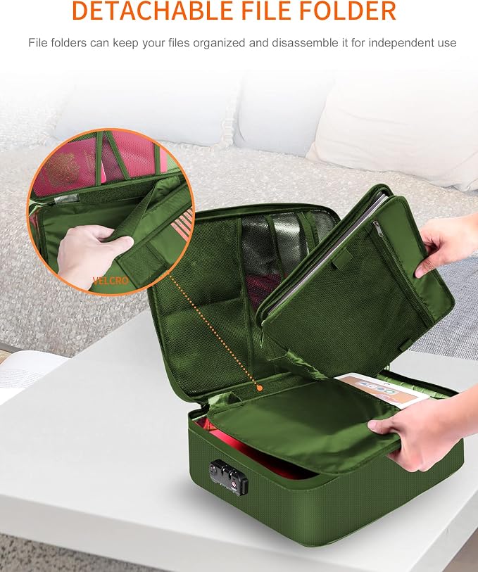 Fireproof Document Box with Lock 5200℉ Water Resistant | Portable ,Home ,Travel Strong Document Storage Organizer with 7 pockets for Important Documents and File ,Green - Image 7