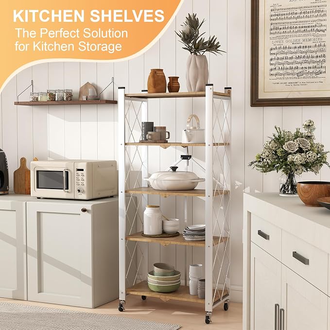 5-Tier Foldable Storage Shelves with Wheels Wood Grain Transfer | Portable Structure, Suitable For Kitchen, Bedroom, Living Room, Bathroom, Garage, 59*26*13in - Image 2