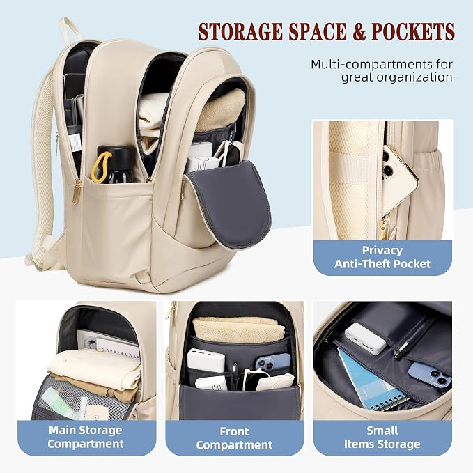 Hidds Travel Laptop Backpack for Women 15.6 Inch Computer Backpacks with USB Charging Hole Anti Theft Carry on Bag College Bookbag Large Back Pack for Work Business Travel Commuter Daypack-Champagne - Image 4