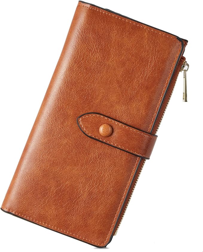 BOSTANTEN Womens Leather Wallet RFID Large Capacity Credit Card Holder | 4 ID Windows, 16 Card Slots, Zipper Coin Pocket, Clutch Wallet, Long Bifold, Ladies Gifts, Brown by BOSTANTEN