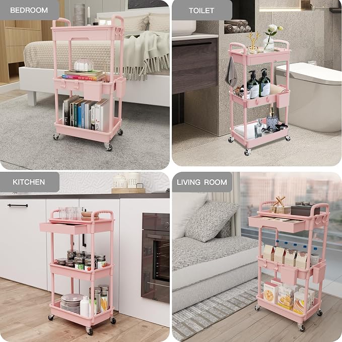 REBECAT 3 Tier Rolling Utility Cart with Drawer,Storage Cart,Rolling Cart for Kitchen,Bathroom,Living Room,Storage Organizer with Iron Wheels（Pink - Image 5