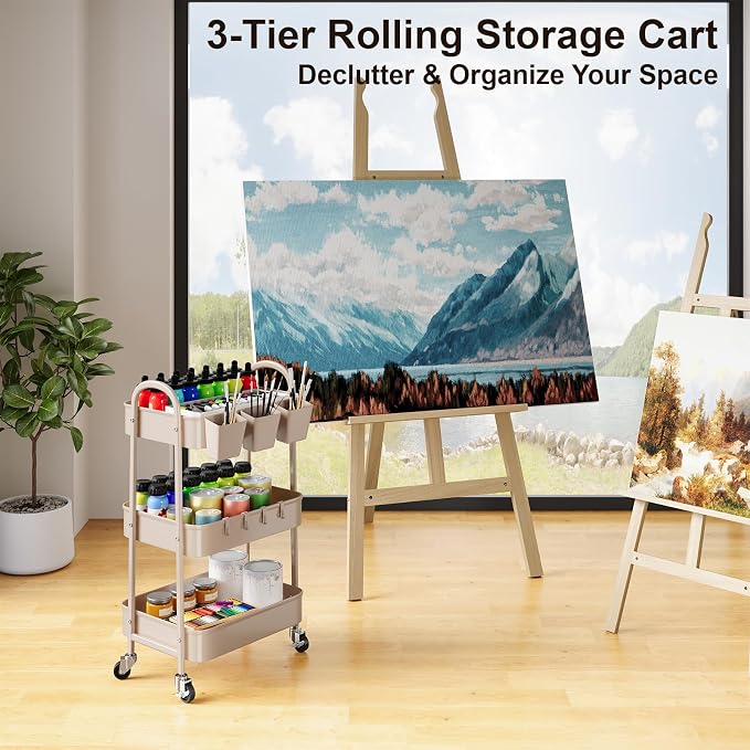 3 Tier Khaki Metal Utility Rolling Cart, Storage Cart with Lockable Wheels | Multifunctional Organizer Trolley with Mesh Storage Baskets and Handle for Kitchen, Office, Living Room, Laundry, Garage,Dorm - Image 7
