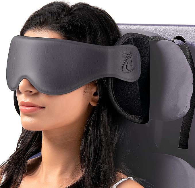 Travel Pillow, Airplane Neck Pillow with 3D Eye Mask for Sleeping | Round Edge Plane Head Strap 360°Headrest Support for Long Flight, Stop Bobblehead, Travel Essential for Car Road Trip Grey by Bonairest