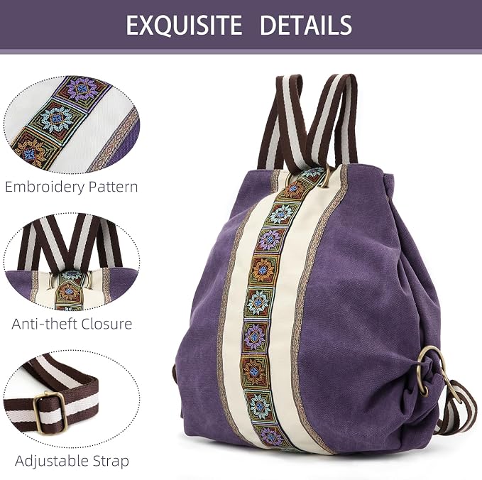 Goodhan Women Canvas Backpack Daypack Casual Shoulder Bag, Vintage Heavy-duty Anti-theft Travel Backpack - Image 2