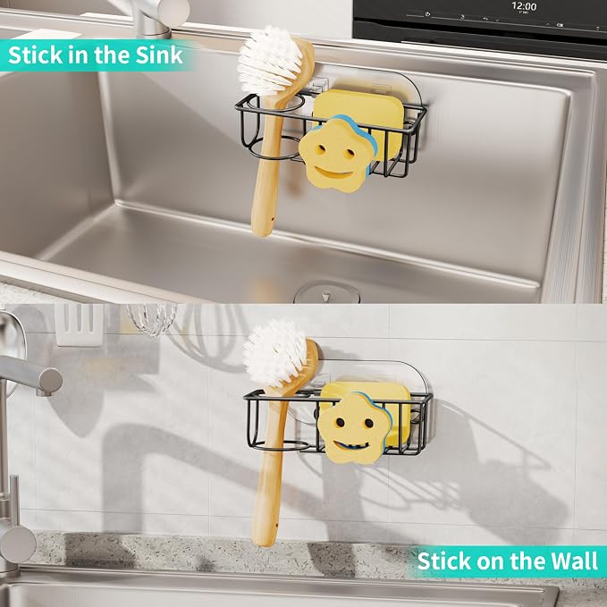 HapiRm Sink Caddy Sponge Holder - No Drill Kitchen Sink Organzier with Smiley Face Sponge Holder, Rustproof and Waterproof Kitchen Organizer - Black - Image 4