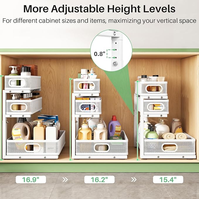 Kitstorack Under Sink Organizer, 2-Pack 3-Tier Height Adjustable Thickened Metal Pull out Cabinet Organizer Shelf, Slide out Storage Drawer Rack for Bathroom Kitchen Pantry Home Laundry Organization - Image 6