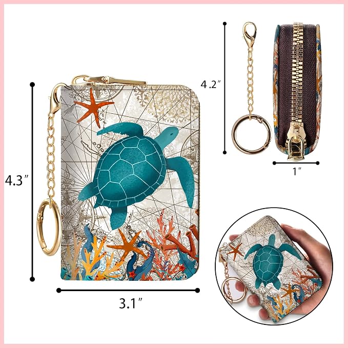 Blusabaca RFID Credit Card Holder Small Women Travel Wallet, Sea Turtle | Removable Keychain, Case with Zipper, Vegan PU Leather, Cash Coin Pocket, Business Accordion Purse, Ladies Female Gift - Image 4