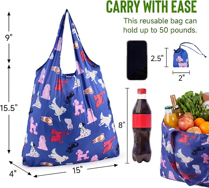 Stelle Lightweight Reusable Grocery Bag with Handles Ripstop Nylon Foldable Tote Shopping Bags for Travel and Groceries - Image 3