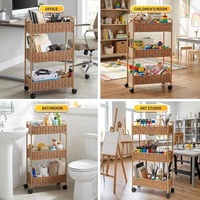 Utility Slim Storage Cart,3-Tier Rolling Kitchen Office Laundry Room Cart,Mobile Shelving Unit Organizer for Living Room Bathroom Baby Diaper Narrow Places (Natural, 3 Tiers-7.1 inch (W)) - Image 8
