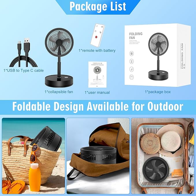 Portable Foldable Rechargeable Oscillating Fan - 8.6" 8000mah Remote Fan | Battery Operated USB C Small Fan Quiet Table Desk Fan Folding Standing Pedestal Fan for Bedroom Rome Office Camping Travel - Image 8