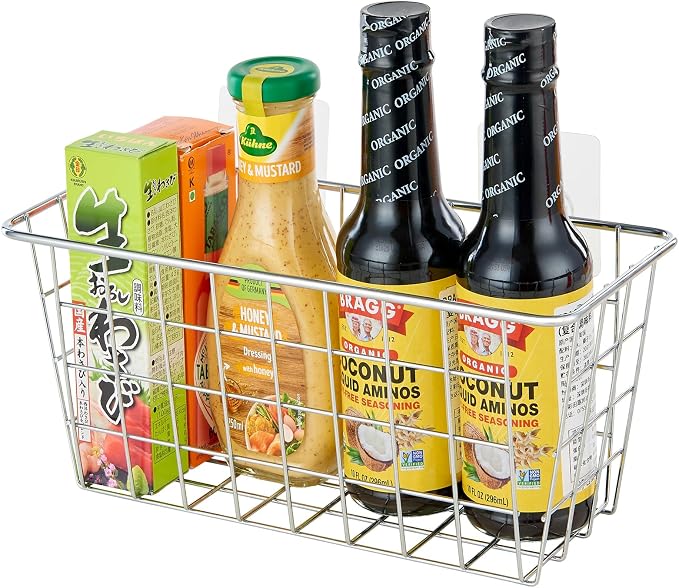 JUNCHU CHERRY 2 Pack Hanging Storage Basket, Bathroom Basket, Household Goods, with Traceless Tape, no Drilling, for Cabinet Storage, Kitchen, Bathroom, Storage Room,Chrome - Image 7