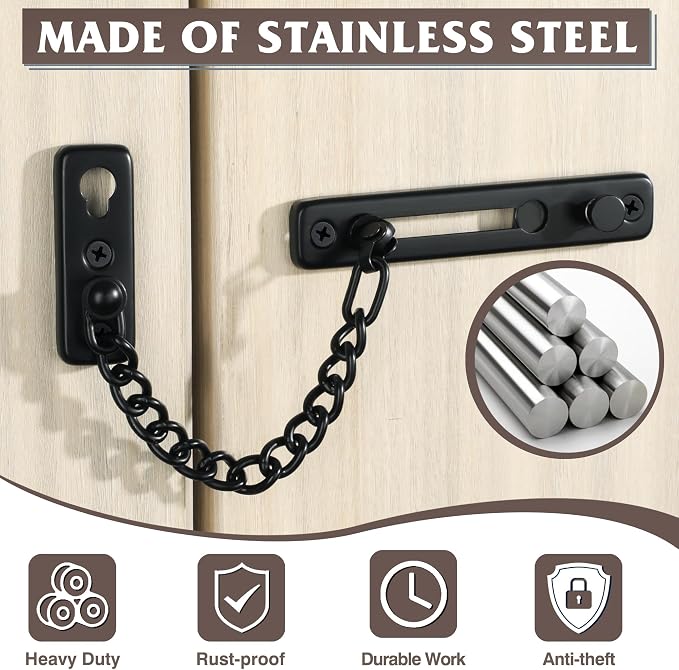 Alise Door Chain Lock Black,Door Security Chain Lock for Inside Door,2 Pcs | Stainless Steel,Door Chain Lock Guard with Spring Anti-Theft Press Button,Door Lock Latch for Front Door - Image 2