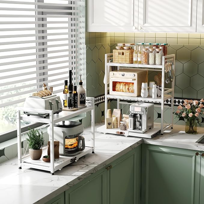 2 Tier Expandable Microwave Stand countertop,Microwave Oven Rack | Pull-Out Microwave Shelf, storage shelves for pans &appliances,Adjustable partition height，8 Hooks,55lbs max load,White - Image 4