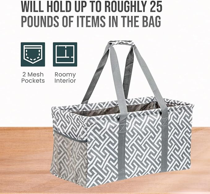Extra Large Utility Tote Bag, Oversized Collapsible Reusable Wire Frame Rectangular Canvas Basket With Two Exterior Pockets For Beach, Pool, Laundry, Car Trunk, Storage - Geo Grey - Image 5