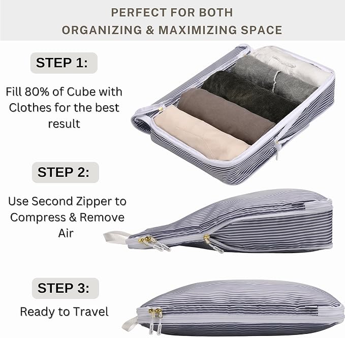 Extra Large Compression Packing Cubes for Checked Luggage, Lightweight Suitcase Organizers & Space Saver Bags - Travel Cubes for Packing - Travel Essentials - 2 Piece Set, X-Large - Grey Stripe - Image 6