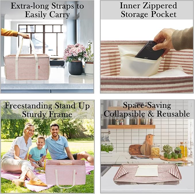 LHZK 2 Pack Extra Large Utility Tote Bag with Metal Wire Frame and the Sides Rinforced, Extra Large Tote Bag with Handle for Pool Beach Laundry Storage (Pink) - Image 5
