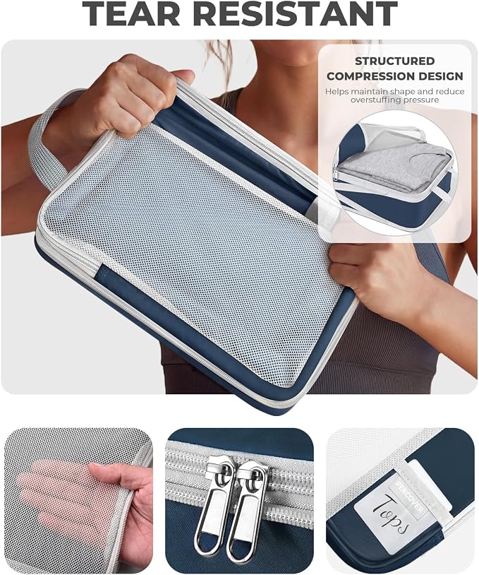 Percover Compression Packing Cubes for Travel, 8-Piece Structured Compression Organizer Set with Laundry Bag & Shoe Bag for Carry-On & Checked Luggage, Navy Blue - Image 4