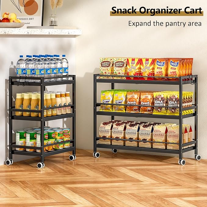 3-Tier Expandable Rolling Pantry Organizers and Storage Cart with Wheels, Adjustable Pantry Floor Organizer, Snack Cart for Pantry, Kitchen Storage Cart with 4 Hooks for Snack, Food, Vegetables, Black - Image 7
