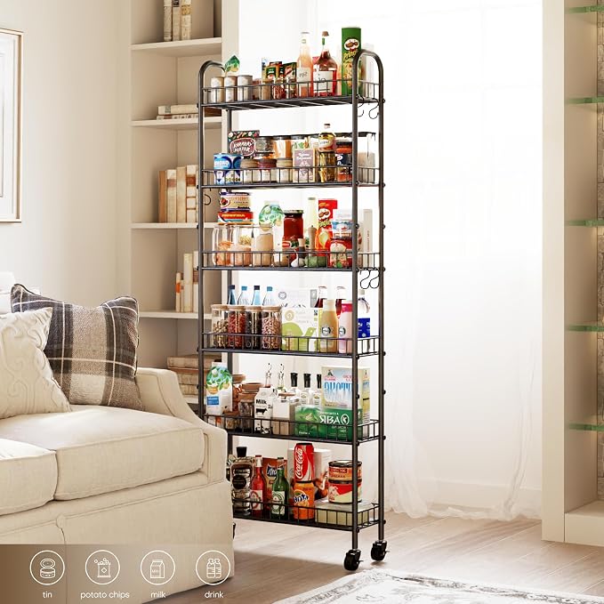 6-Tier Slim Storage Cart, Rolling Kitchen Cart with Wheels | Narrow Metal Shelf Organizer with Hooks for Kitchen, Bathroom, Living Room, Laundry, Small Spaces, Black, 6 in - Image 6