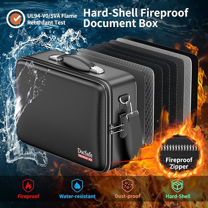 DocSafe Fireproof Document Box with Lock＆Shoulder Strap, Hard-Shell Case File Organizer with Accordion File Folder, Multi-Layer Portable Home Office Travel Safe Storage for Important Documents Laptop - Image 2