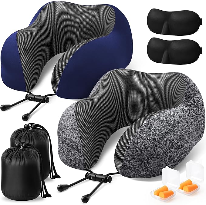 ExploreBliss Travel Pillow, Neck Pillow Airplane, Grey & Blue | Travel Pillows for Airplanes, Neck Pillow Airplane, Memory Foam Neck Pillow Set with Eye Mask, Earplugs by ExploreBliss