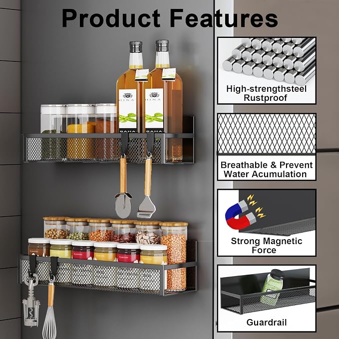 Aufworld Magnetic Spice Rack for Refrigerator, 6 Pack Magnetic Shelf, Fridge Magnet Organizer with Moveable 12 Hooks, Magnetic Fridge Shelf for Kitchen Organization and Storage (6 Pack) - Image 3
