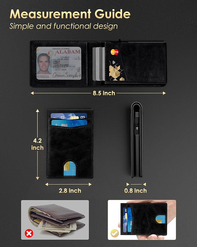 QLD Wallet for Men - RFID Blocking [Functional & Practical] Bifold Slim Minimalist Credit Card Holder Pop Up Metal Case with Cash Slot, Front Pocket with ID Window, Gift Boxed (BLACK) - Image 7