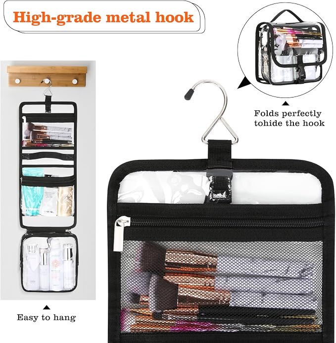 Clear Toiletry Bag with TSA Liquids Travel Bag, Hanging Travel Transparent Makeup Cosmetic Organizer, Waterproof Carry On Airline 3-1-1 Compliant Bag Quart Sized Luggage Pouch (Black-Clear) - Image 4
