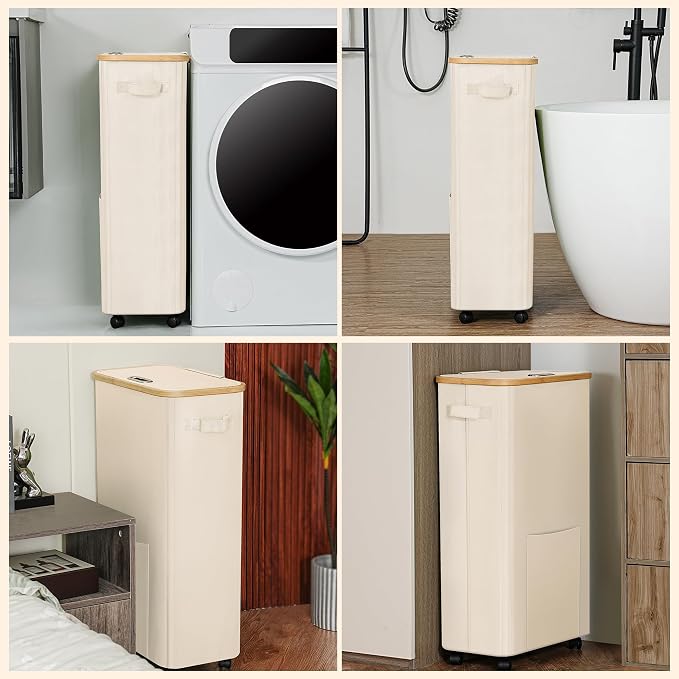 Laundry Basket with Wheels, Dirty Clothes Hamper on Wheels, Rolling Tall Laundry Hamper with lid for Laundry Room, Dorm and Bathroom, 75L Beige - Image 7