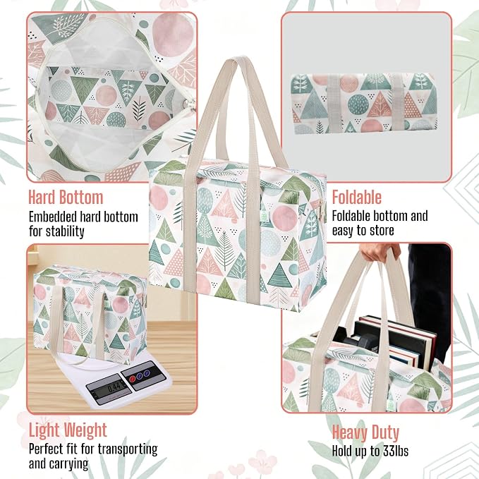 VENO 2 Pack Utility Tote Reusable Grocery Bags with Zipper & Hard Bottom | Heavy Duty Foldable Water-Resistant Shopping Bags for Summer Beach, Pool, Picnic & Travel Carry-on (Pastel Forest, 2 Pack) - Image 8