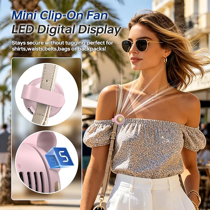 Mini Clip-On Personal Fan, 360° Rotation, LED Speed Display, Quiet Operation, 5 Adjustable Speeds from Gentle Breeze to Strong Airflow, Ultra Light Portable Fan for Stroller Travel Office Gift - Image 3