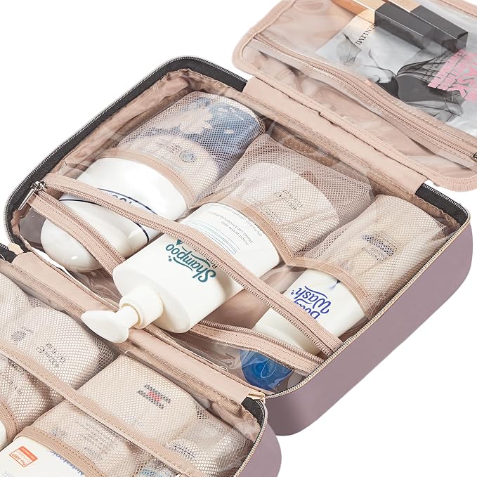 NISHEL Travel Toiletry Bag for women, Portable Hanging makeup Organizer | for Travel-Sized Shampoo, Conditioner, Brushes Set, makeup Accessories, Large Size, Peach Pink - Image 6
