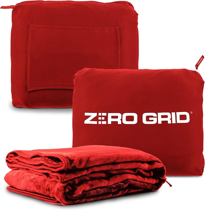 Zero Grid Lightweight Airplane & Travel Blanket with Foot Pockets, Red | Compact Wearable Blanket with Neck Snaps, Zips & Converts to Soft Pillow for Ultimate Comfort by ZeroGrid