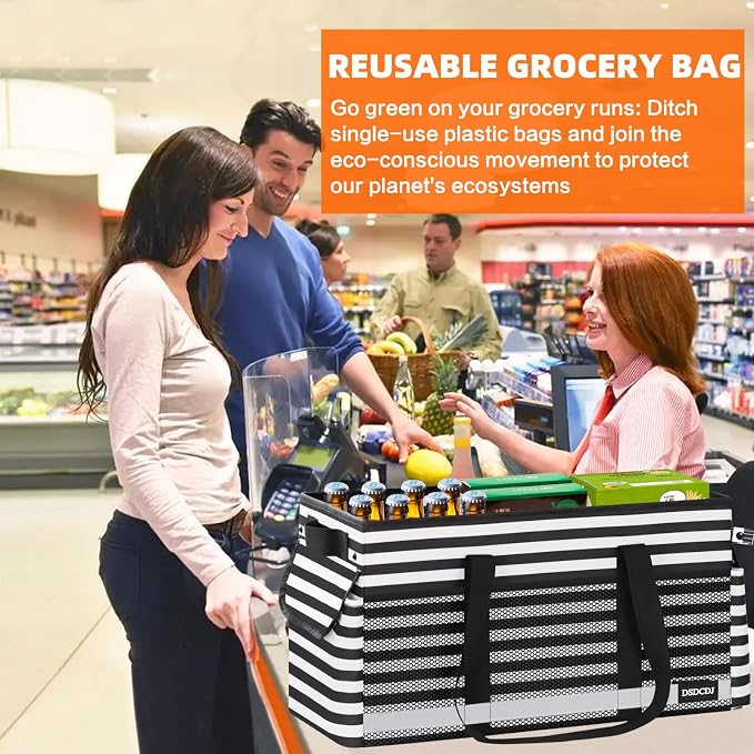 Extra Large Utility Tote Bag with Reflective Strip, Standing Reusable Grocery Bags with Hard Bottom, Collapsible Utility Tote with Handles for Shopping, Beach, Picnics, Car, Striped Black - Image 7