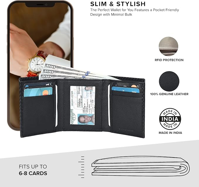 Real Leather Mens Trifold Wallet RFID Blocking Slim Minimalist Front Pocket - Thin & Stylish with ID Window in Gift Box - Image 7