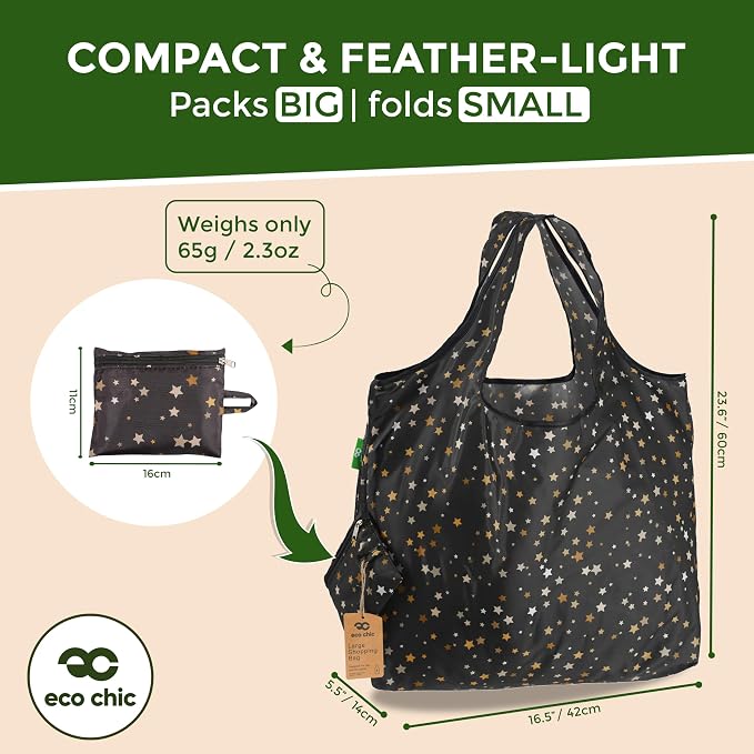 ECO CHIC Foldable Reusable Large Grocery Bags - Foldable Grocery Bags - Lightweight, Recycled & Reusable Shopping Bag - Waterproof, Packable Tote Fitting in Fine Grocery Bag Carrier - Image 4