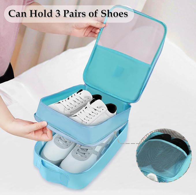 Travel Shoe Bag Waterproof Shoe Organizer Bag Holds 3 Pair of Shoes Shoe Packing Cube for Suitcase Travel and Daily Use Storage Pouch with Handle (Blue) - Image 3