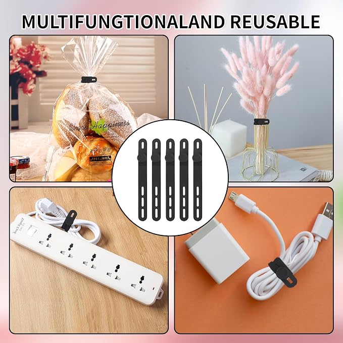 Oligei 25 Pcs Silicone Cable Ties, Cable Ties Reusable, High Elasticity Cord Wraps for Electrical Cords, Cord Organizer for Earphone, Phone Charger(Black) - Image 7