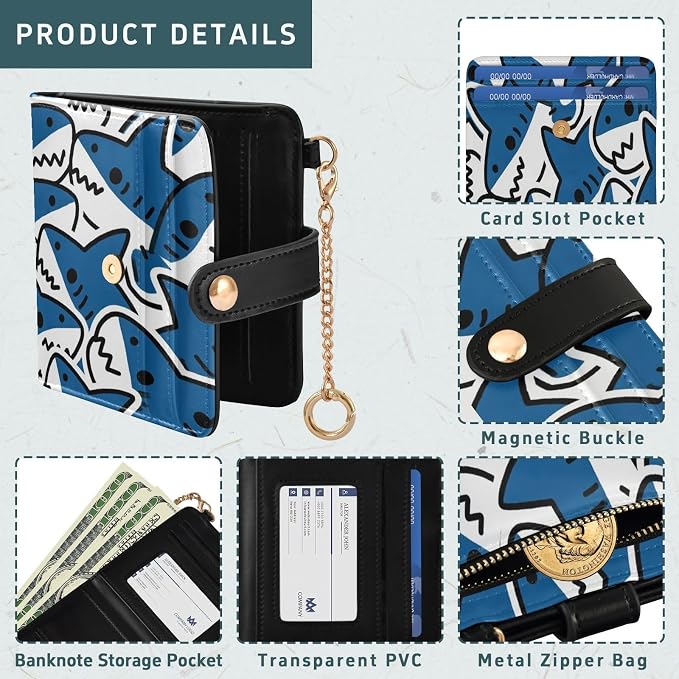 Blue White Shark Cute Design Women's Wallets RFID Blocking,Credit Card Holder Bifold Wallet,Slim Card Cases,PU Leather Travel Wallet for men Girls - Image 5