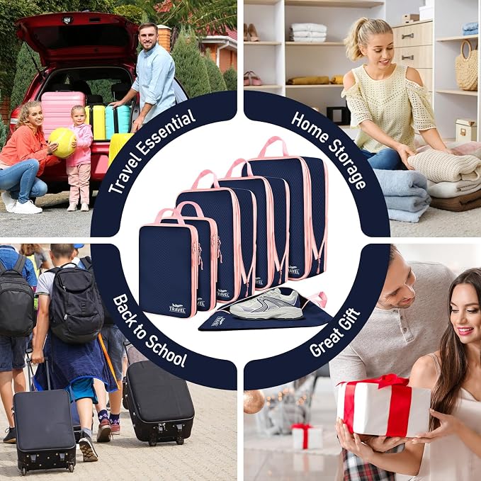 6 Set Compression Packing Cubes, Suitcase Organizer, Lightweight Travel Essentials, Compression Bags For Travel Accessories Luggage Storage Set (6Pcs, Navy blue) - Image 7