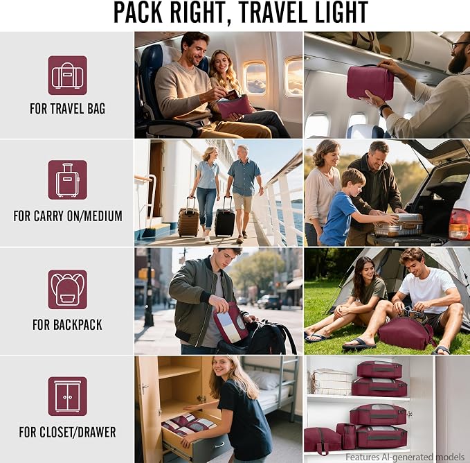 Veken 8 Set Packing Cubes for Travel Essentials,Anti-Wrinkle Buckled Suitcase Organizer for Shoe & Toiletry Bag,Carry On Luggage Bag with 99+ Count Mesh Holes for Airplane & College Dorm Accessories - Image 8