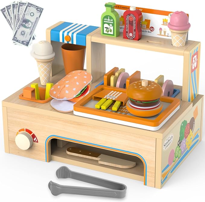 WOODMAM Foldable Wooden Kids Play Food Toys Sandwich Counter with Storage | 56 Pcs Pretend Play Kitchen Food Toy, Burger, Ice Cream, Fries, Play Money, Boys Girls Birthday Gifts for Toddlers Ages 3+ - Image 4