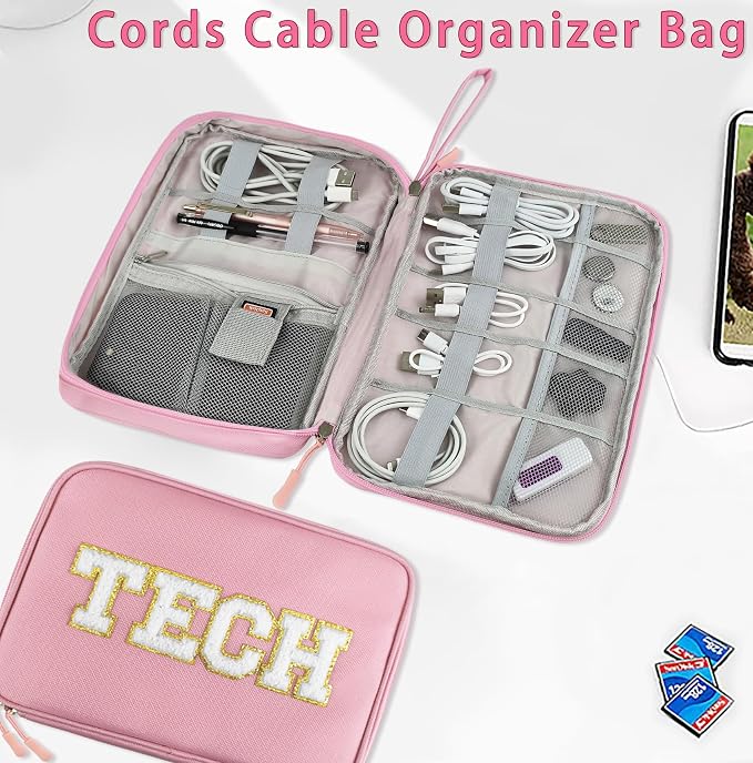 COSHAYSOO Electronics Bag Case Cable Cords Organizer Travel Essentials for Women College Teen Girls Vacation Dorm Accessories Preppy Personalized Gift (Large Pink) - Image 3