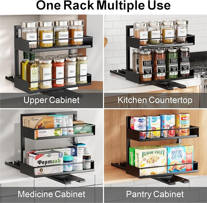 Pull Out Spice Rack - 2 Pack Swivel Spice Organizer for Cabinet | For Flat-Front Cabinets Only, Pull-Out Rotating Access, No-Drill Mount, Keeps Spices Visible Easy to Reach, Adjustable Height - Image 8