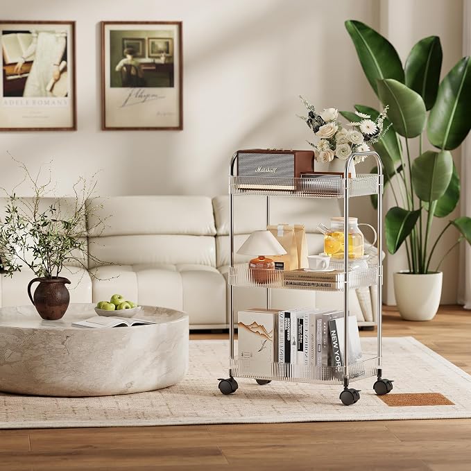 STARLATTA 3 Tier Rolling Cart with Lockable Wheels, Clear Acrylic Utility Trolley with Handle, Heavy-Duty Storage Organizer for Kitchen Bathroom Nursery Laundry - Snack Book Craft Organizer (Clear) - Image 8