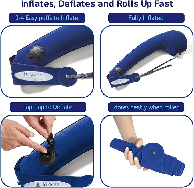 TRAVELREST Ultimate Travel Pillow & Body Pillow - Headrest, Auto, Bus, Train, Office Napping, Camping, Wheelchairs, Comfort and Support, Rolls Up, Straps to Airplane Seat & Car - Blue | Inflatable Travel Essential, Upper Compact Support, Sleeping Acces... - Image 7